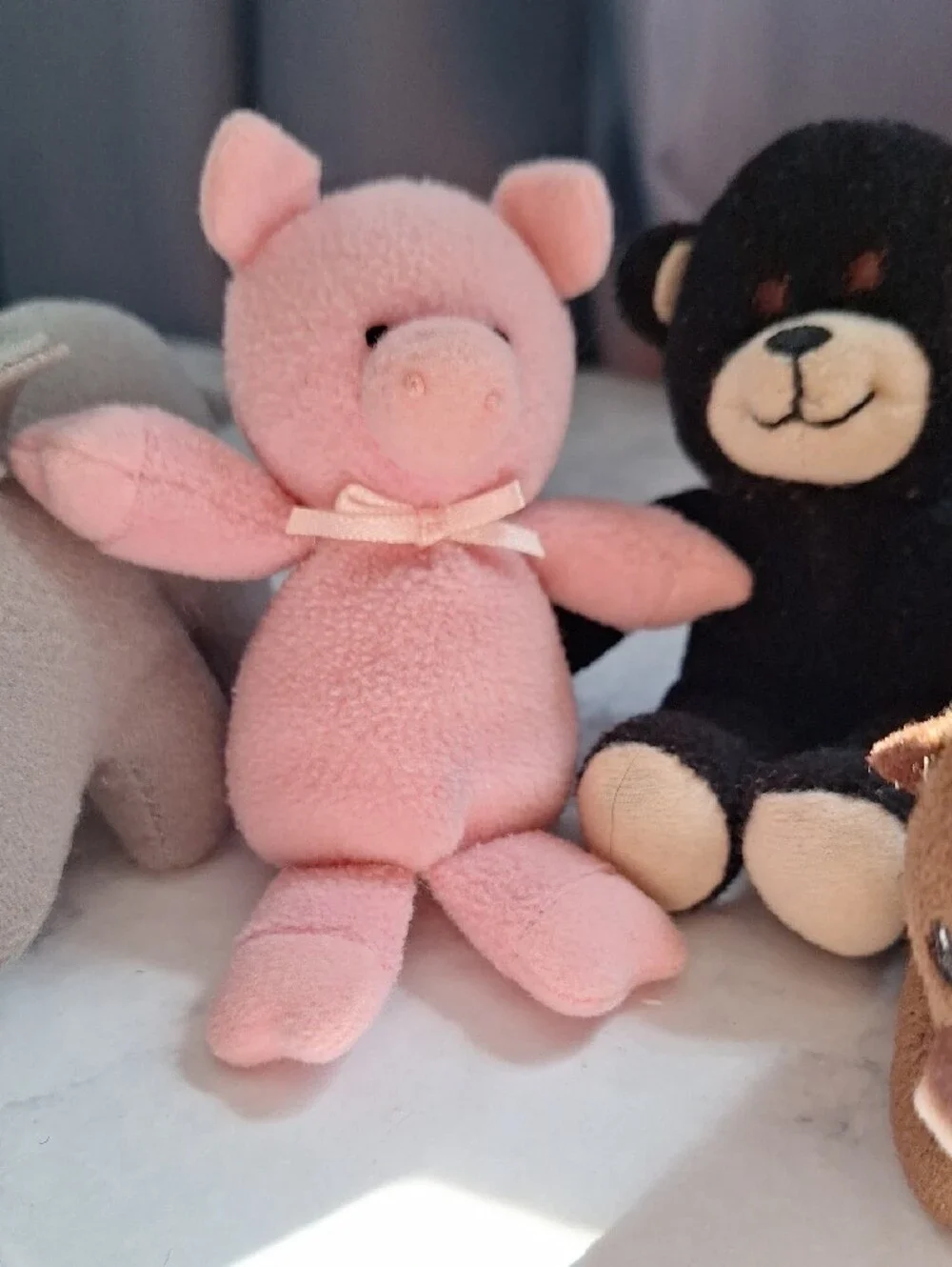 Plush Animal Toy Set - Pk Puppet Pig, Blck Bear, Gry Rhino, Brn Otter ,Org Dino